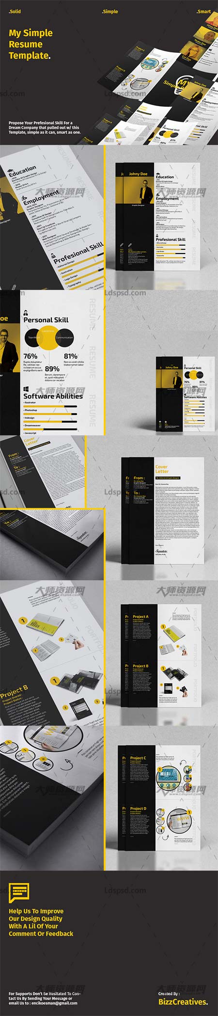 Simple Resume Template,indesign模板－清爽的黑黄色个人简历模板